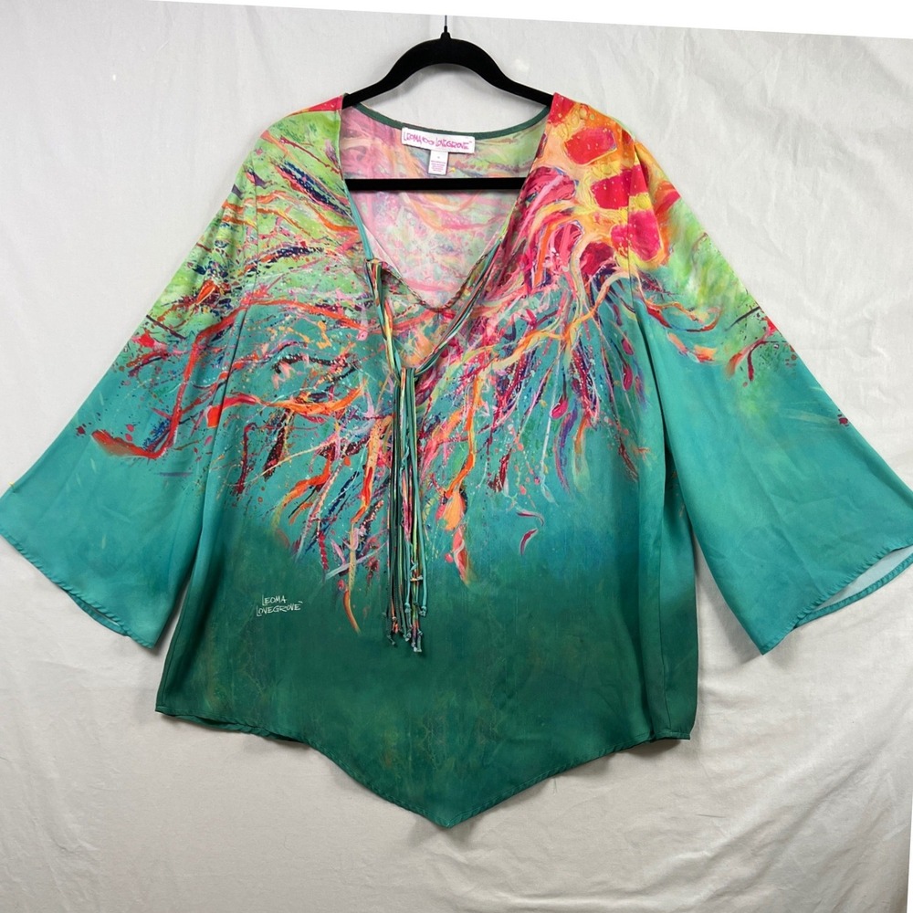 Leoma Lovegrove Tunic Top Women XL Teal Multicolor Relaxed Artsy Bell Sleeve